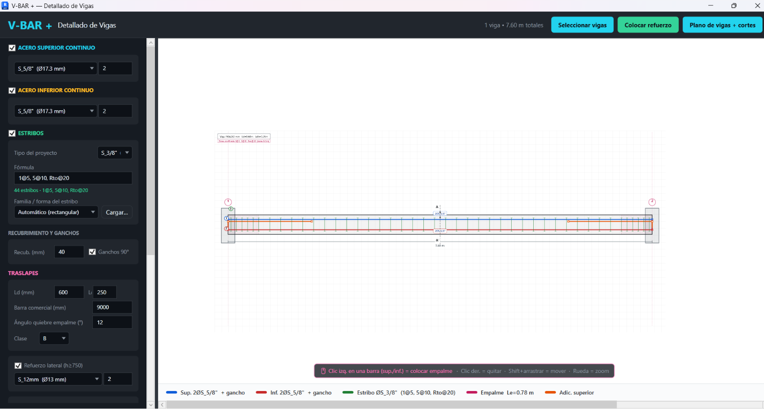 Interfaz real del detallado automático de vigas en Revit