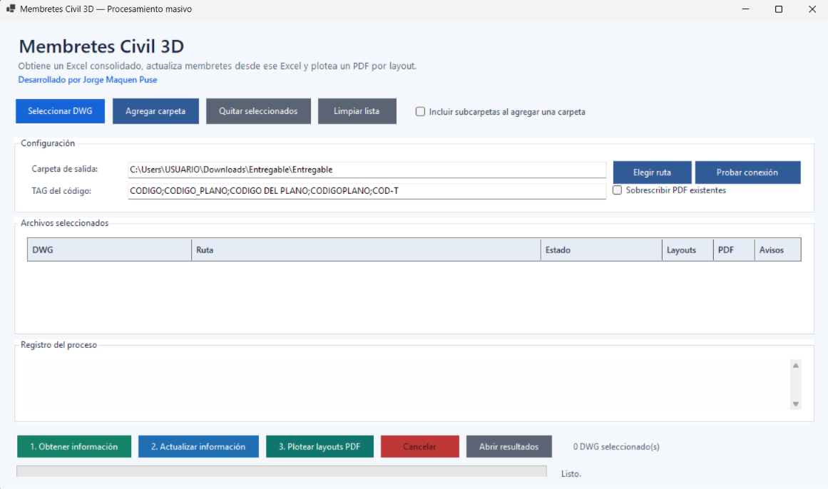 Interfaz de IMGENYA para editar datos de membretes en AutoCAD y Civil 3D